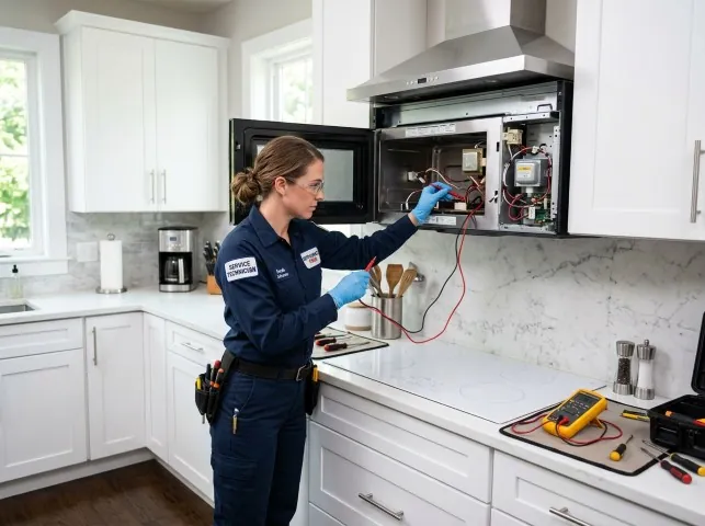 Appliance Repair Hero technician testing an over-the-range microwave in a Acworth, GA kitchen